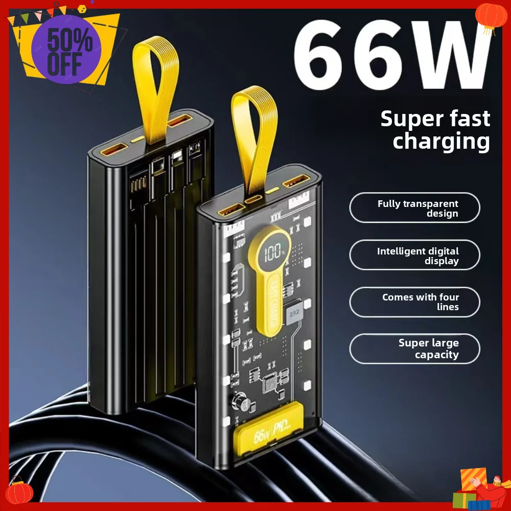 20000mAh Transparent Punk Power Bank, 66W Super Fast Charging Portable Charger with 4 Built-in Cables For iPhone Huawei Samsung