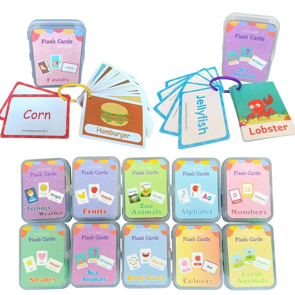 Baby Montessori Learn English Word Card Toddler Flashcards ABC Numbers Fruit Animal Body Educational Enlightenment Card for Kids