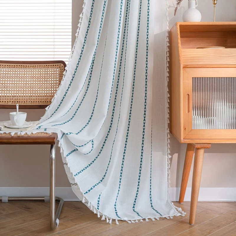 American Rural Style Curtains Multi-line Semi-Blackout Windows Curtains with Tassels Embroidery Curtains for Bedroom Living Room