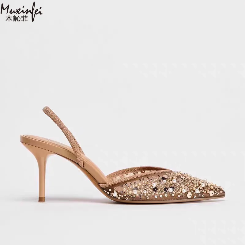 Damenschuhe, Sommer 2026 Neuheit, High Heels, Spitze Pailletten, Perlenbesetzte Business-Mode, Damen-Mueller-Schuhe – Detail 7
