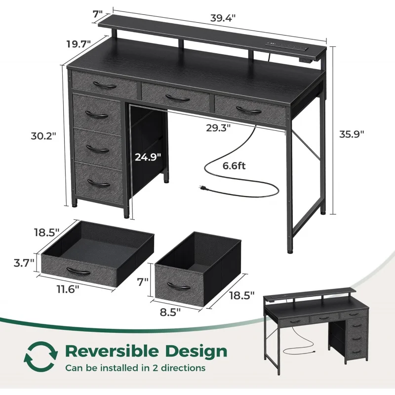 Gaming Desk with 6 Drawers, Computer Desk with LED Lights Power Outlets and Type-C, 39 Inch Office Desk with Storage, Monitor St