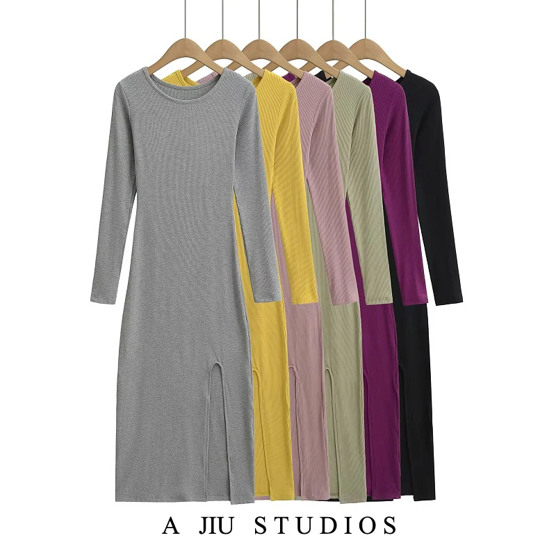 

Spring Long Sve round Ne Dr Women Slim Fit Bodycon Skirt High Slit Ele Sle Casual Pure Desire Sle Long Dr