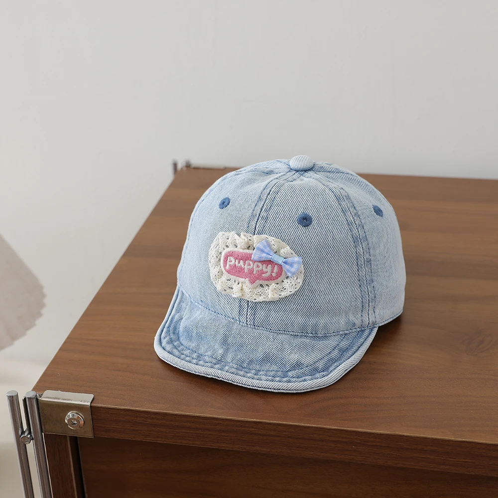 Sweet Style Patchwork Lettered Lace Edging Denim Kids Baseball Cap Washed and Antique Soft Brim Bowler Hat view 2