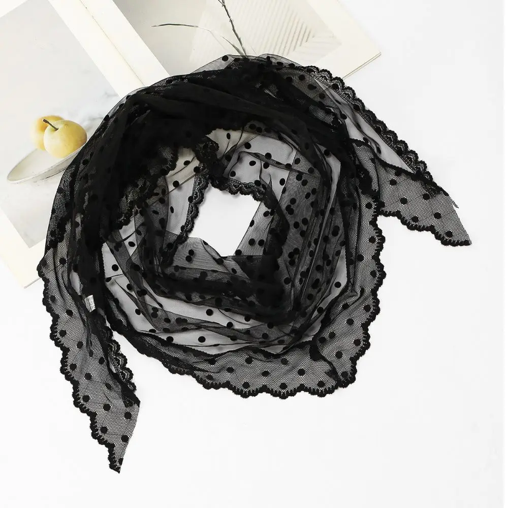 French Style Polyester Triangle Scarf Polka Dot Lace Mesh Head Scarf Vintage Style Triangle Shape Shoulder Shawl Photo Shot
