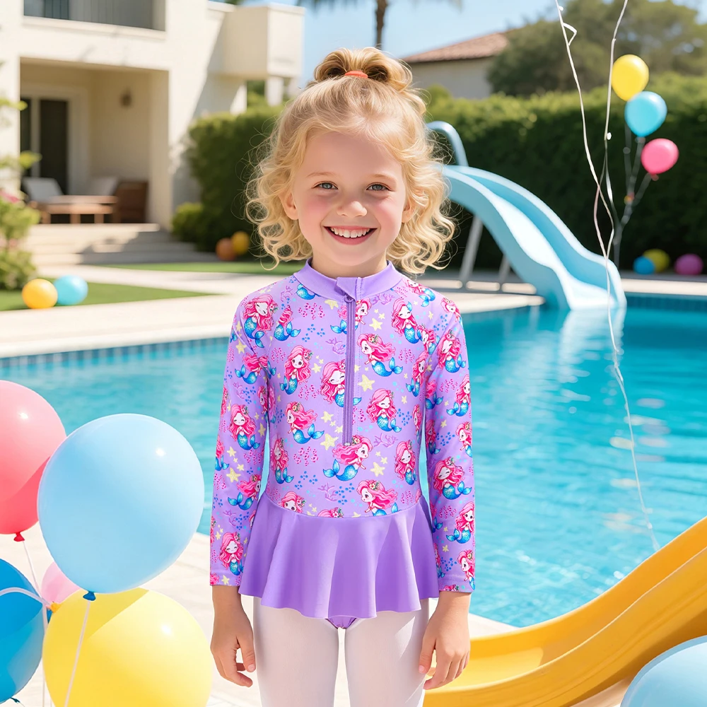 Mädchen Einteiliger Badeanzug Langarm-Schwimmkleid Sommer-Badebekleidung Cartoon-Meerjungfrau-Prinzessin-Druck Badeanzug mit Rock