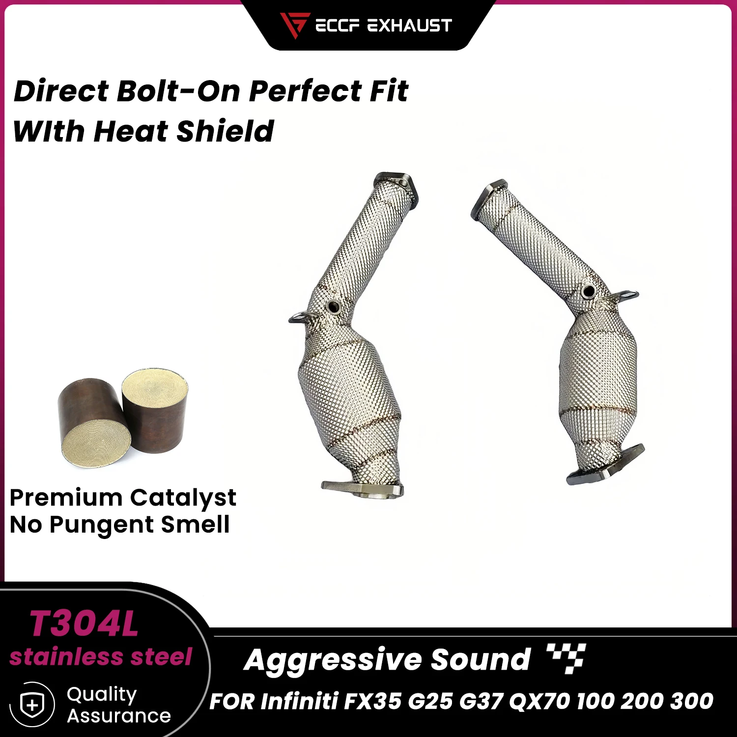 

Sporty Downpipe With Heat Shield For Infiniti FX35 G25 G37 QX70 100 200 300 Aggressive Sound High Flow Performance Upgrade