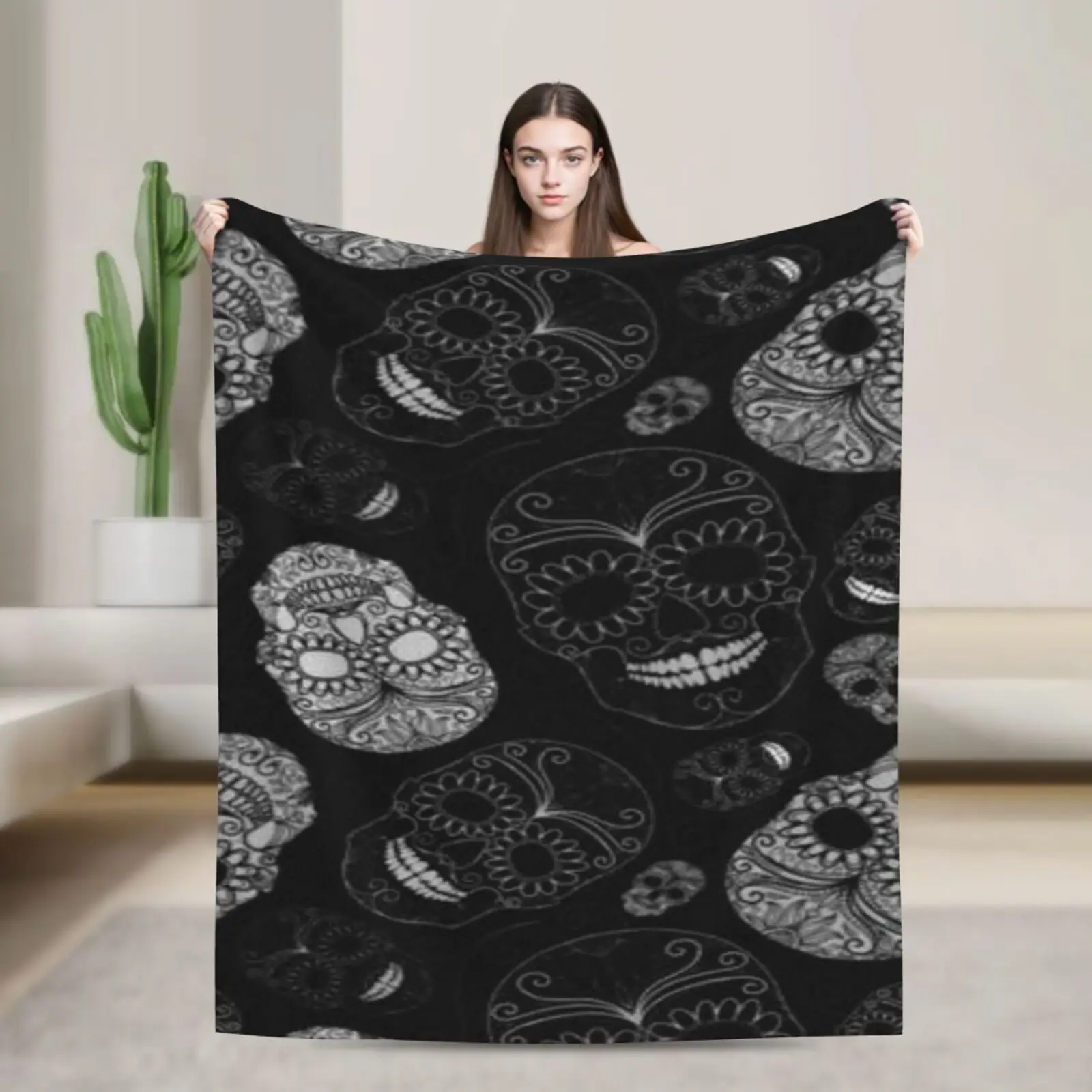 해골과 보라색 달 디자인 소프트 플란넬 플리스 담요 - 소파, 침대, 소파용 경량 마이크로파이버 아늑한 담요
