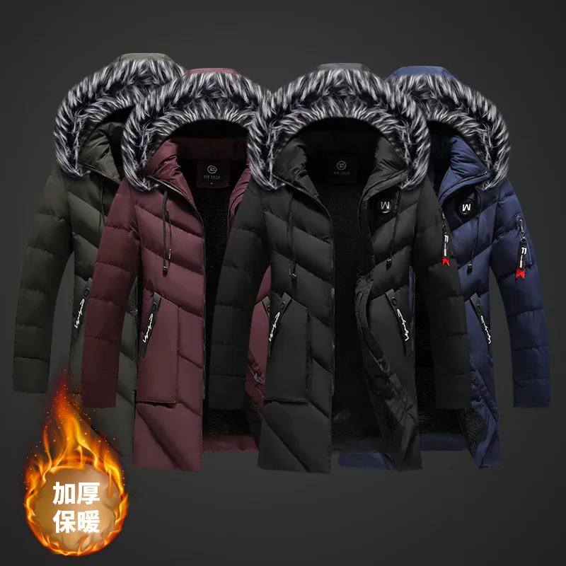 

Men's Windbreaker Plus Size Thick Fleece Winter Jacket Fashion Fur Hooded Warm Cooton Parka Male Solid Cotton Outwear Coats