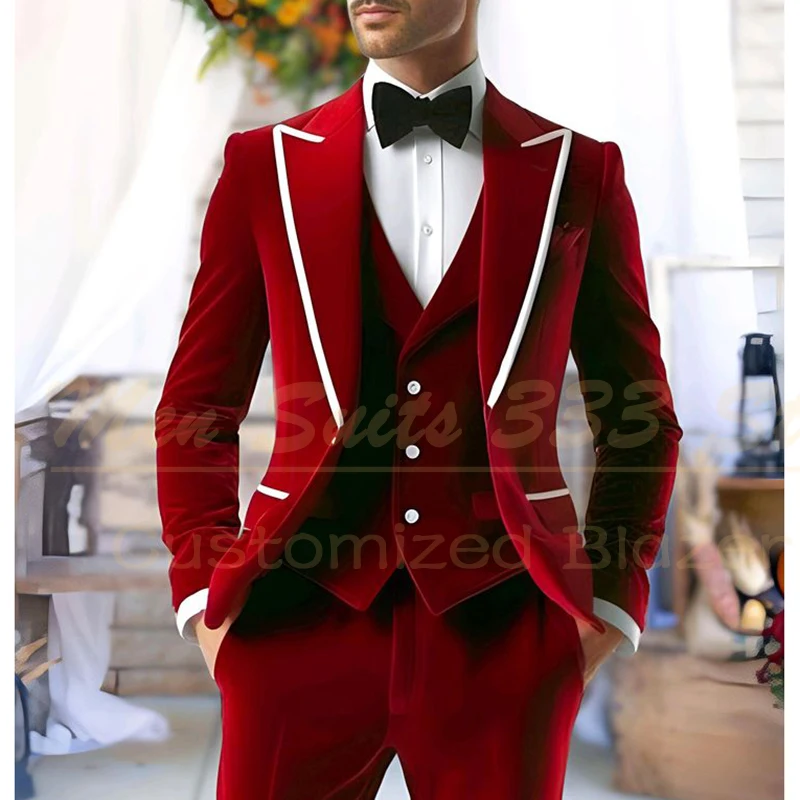 

Fashion Red Velvet Men's Suits Outfits Elegant One Button Peak Lapel Slim Fit Male Clothing Customized 3 Piece Jacket Pants Vest