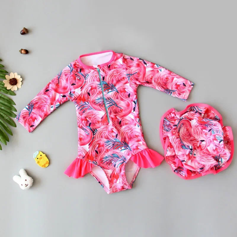 Summer Girls One-piece Swimsuit Baby Girl Cute Floral Print Long Sleeve Zipper Quick-Dry Beachwear Swimwear Toddler Bathing Suit