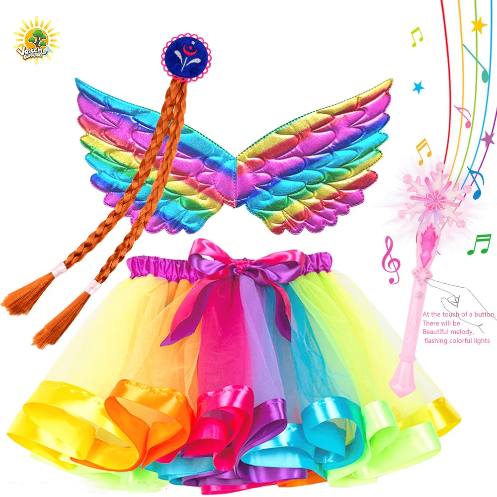 Children Girl Grooming Toy Halloween Role-Playing Costume  Flashing Magic Wand Princess Veil Wing Necklace Wig Jewelry Set Toy