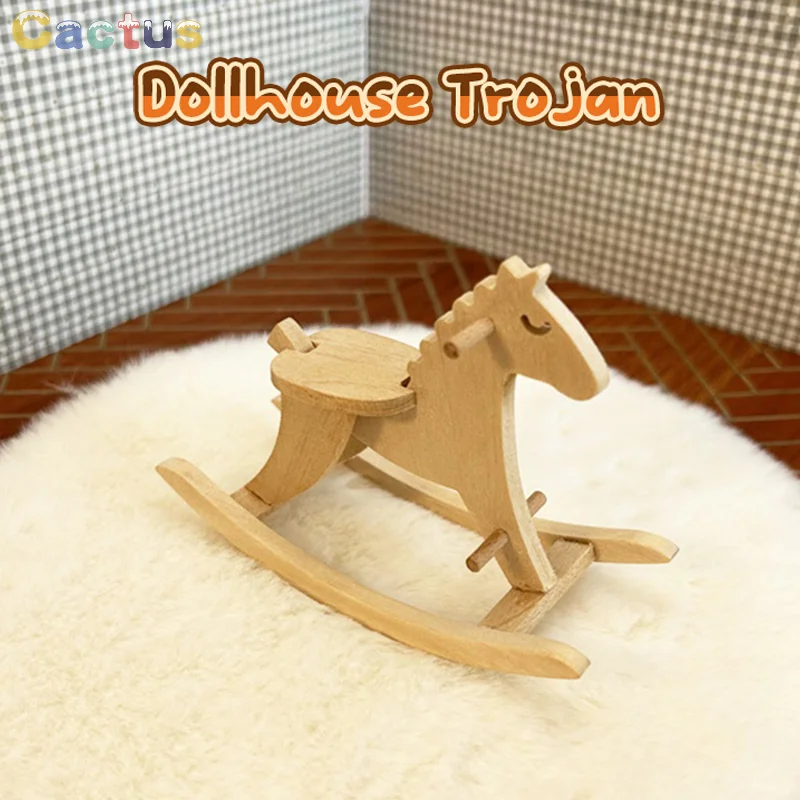 1Pc 1:12 Dollhouse Miniature Cute Wooden Trojan Horse Rocking Horse Chair Can DIY Graffiti Coloring Model Decor Toys Accessory