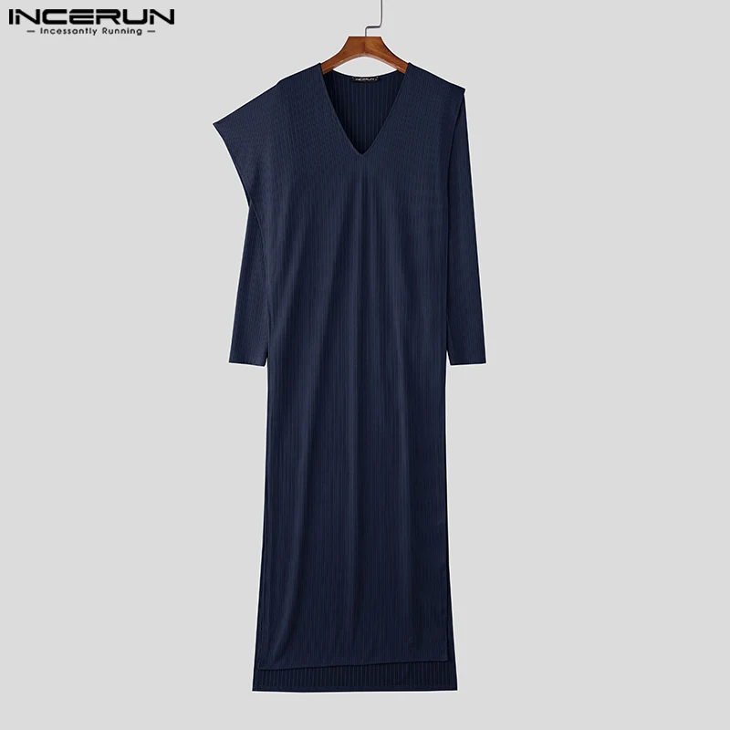 

INCERUN Men Long Style T Shirt Solid Color Knitted V Neck Long Sleeve Irregular Tee Tops Men Streetwear Fashion Casual Camisetas