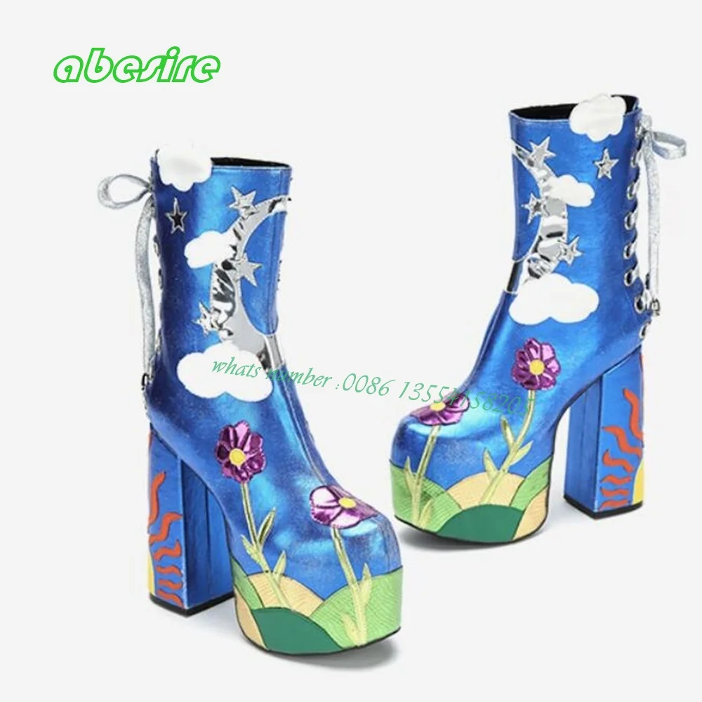 Patchwork Lace Up Platform Boots Round Toe Block Heels Cross Tied Mixed Color Women\'s Boots Flower Decor Luxury Elegant Casual