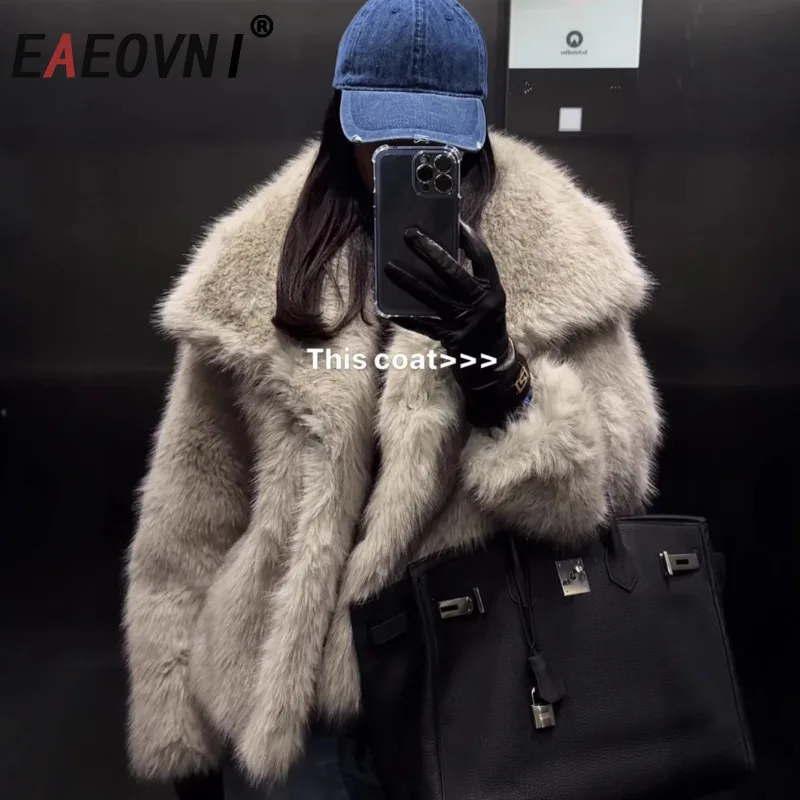 

EAEOVNI Winter Fashion Fur Jacket Women Lapel Collar Long Sleeve Outerwear Solid Color Warm Coat Streetwear 2026 New Clothing