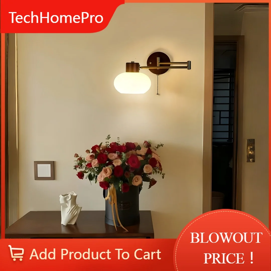 TechHPAdjustable Swing Arm Wall Sconce With Pull Chain Retro Modern Wall Lamp For Bedroom Bedside Living Room Home Decor E27