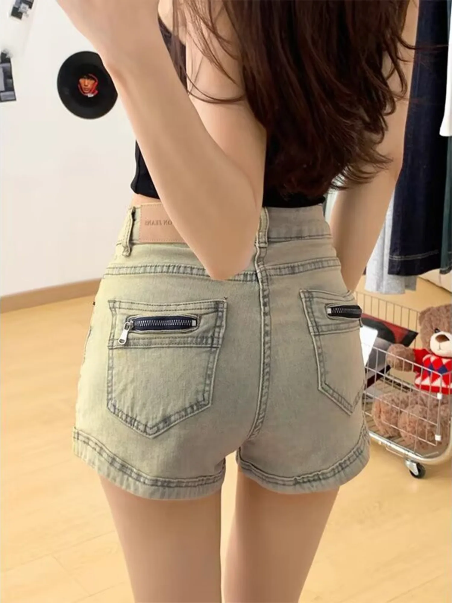Retro High Waist Denim Shorts Women Casual Zipper Pocket Summer Short Jeans Y2K Vintage Washed Streetwear