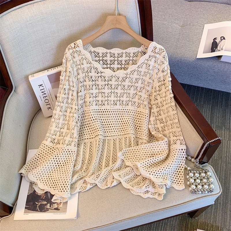 plus Size Knitted Sweater Hollow out Floral Embroidery Casual Top Pure Color Overalls Spring Autumn Faion Bell Sve Outer...