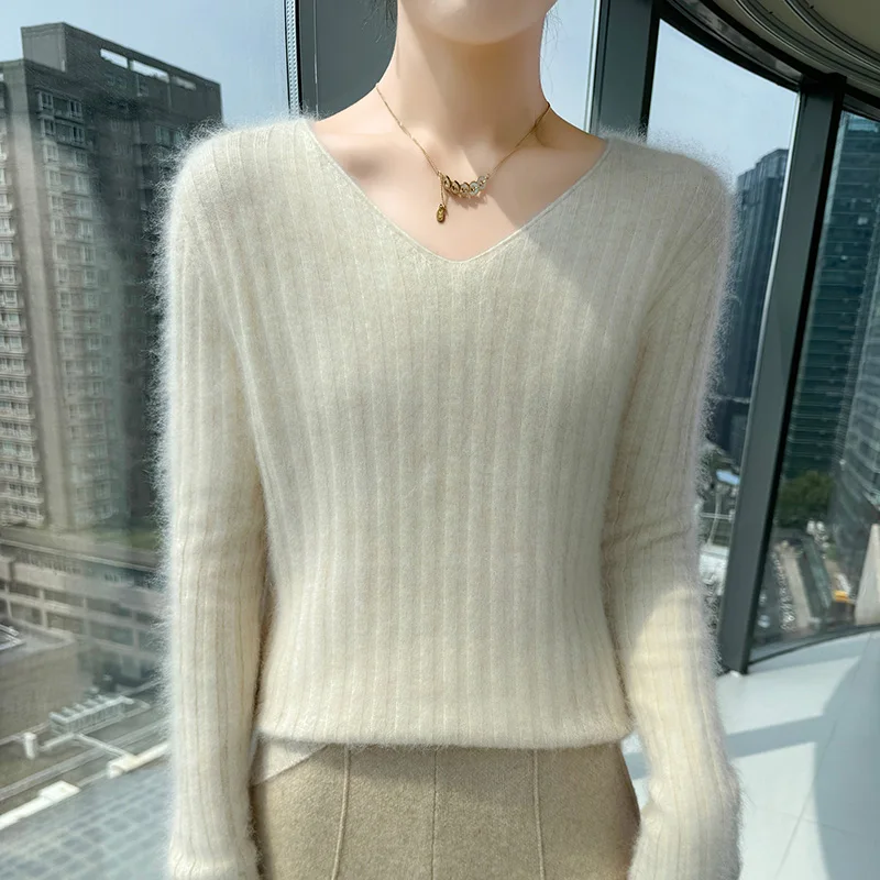 

Осень-зима, новый однотонный свитер из 100% норкового кашемира, женский свитер с v-образным вырезом в полоску, облегающий короткий пуловер, трикотажная базовая рубашка