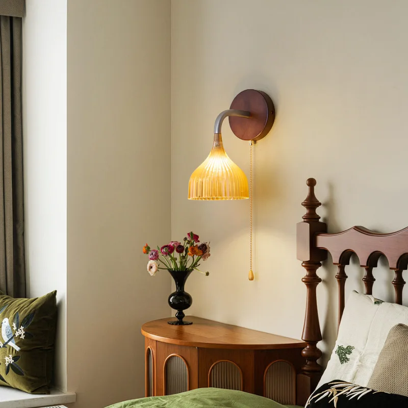 

Nice Bedroom Antique Wall Lamp With Pull Rope Switch Bedroom Glass Bedside Lamp