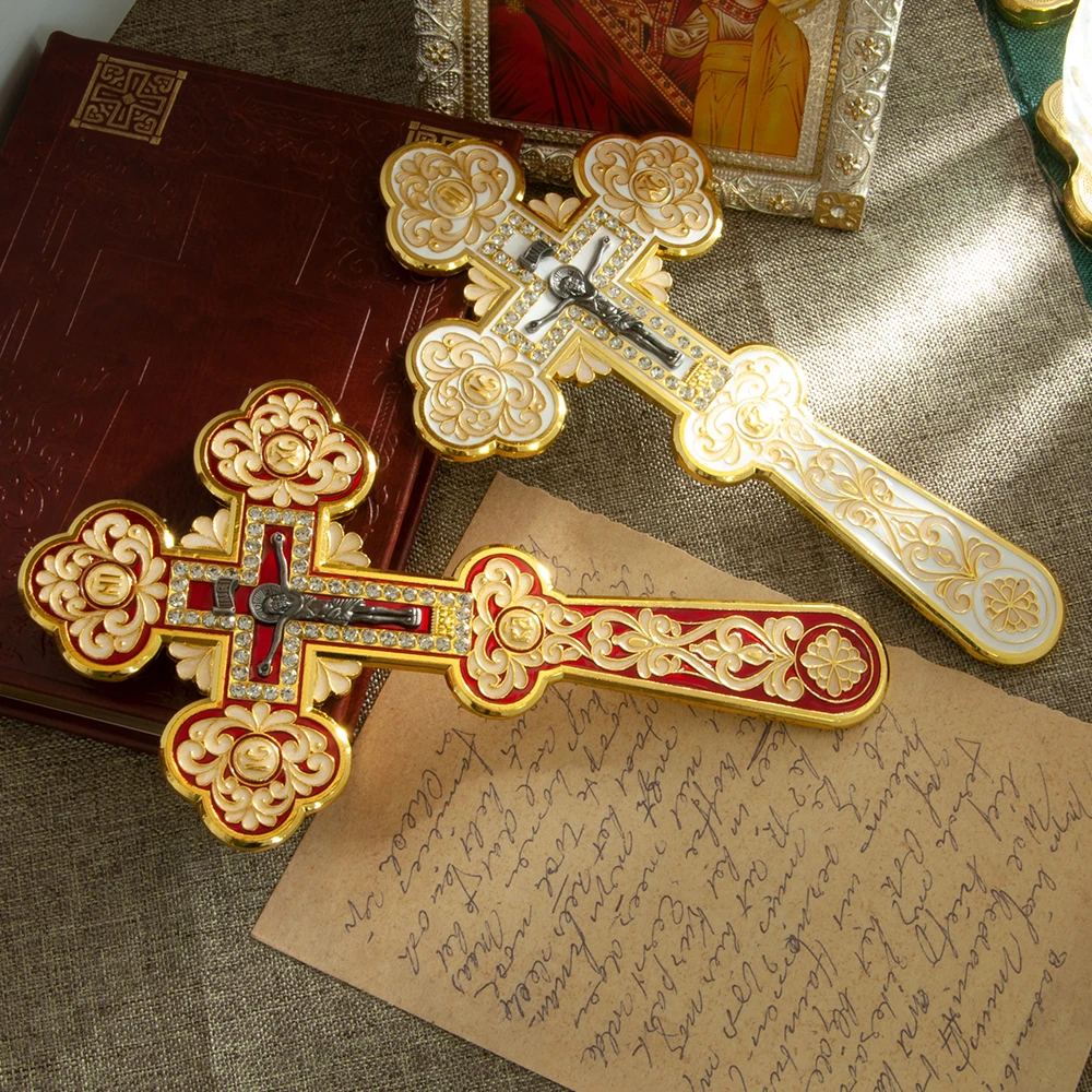 Luxury Gold Plated Orthodox Blessing Hand Cross Color Enamel Floral Rhinestone Inlay Jesus Crucifix Relief Cathedral Altar Premi