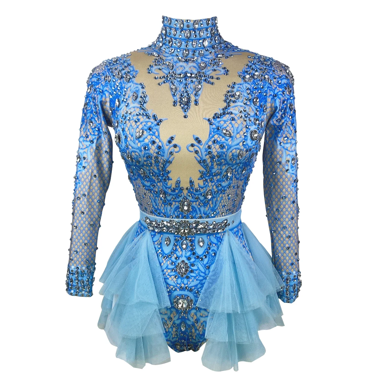 Stage Singer Show dance Leotard glitter Rhinestones pink red Ruffle long sleeve Bodysuit Women nightclub Prom concert costume