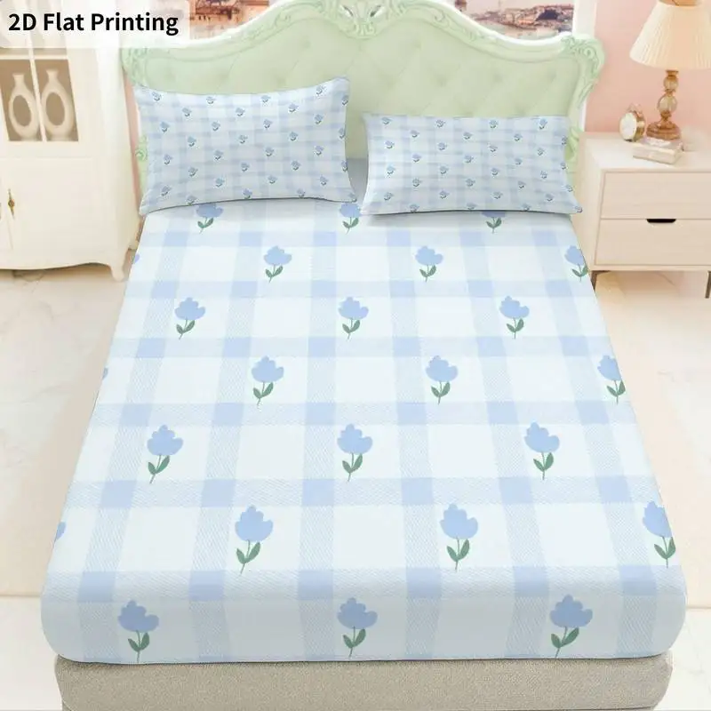 3Pcs Blueginghamfloral Fitted Sheet Three Piece Set (1*Fitted Sheet + 2*Pillowcases, Coreless), Bedding Set