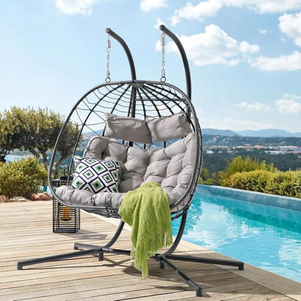 

Two-Person Double Egg Swing Chair with Stand, Suitable for Indoor and Outdoor Use, Patio Wicker Rattan Hanging Egg Chair with Cu