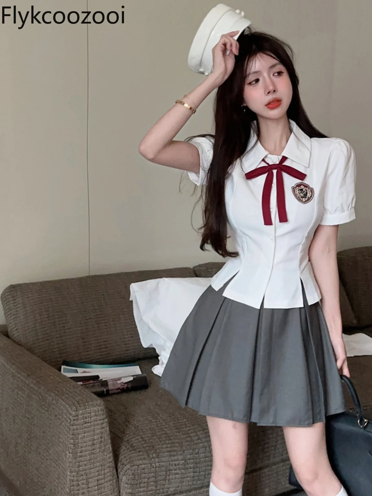 Female Summer New Waist Slit Bow Blouse Sexy for High Waist Pleated Skirt Academy Style Conjuntos Feminino Elegante