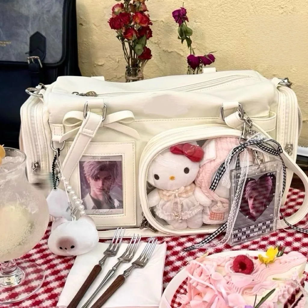 2026 Y2K Sweet Cool Style Women Ita Bag Large Capacity PU Leather Handbag Transparent Window Anime Display Shoulder  Bag