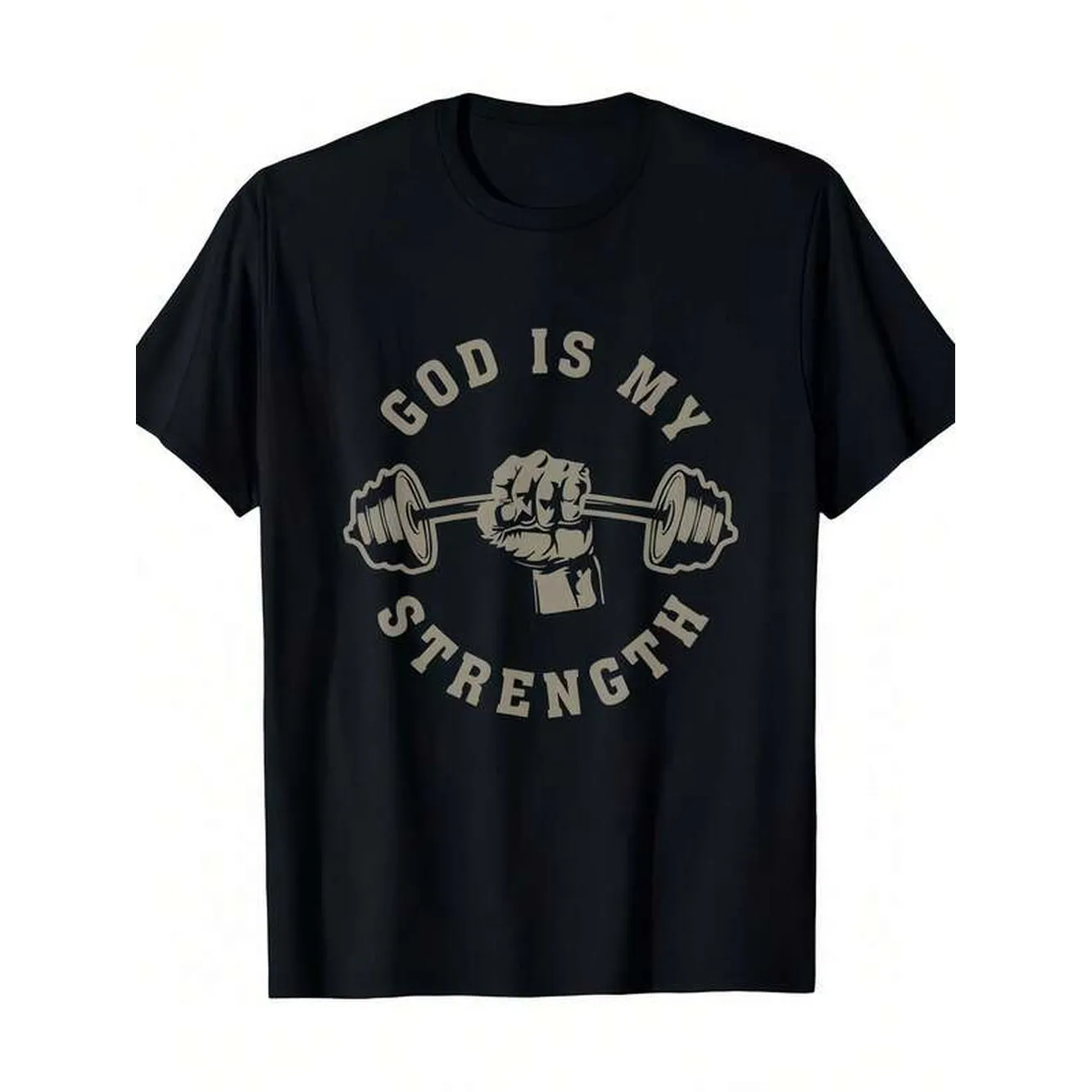 1pc Man' Faith Dumbbell Print Black TShirt Crew Neck Casual Cotton Tee Medium Stretch Knit Fabric Regular Fit For Boys Man Perfect For //