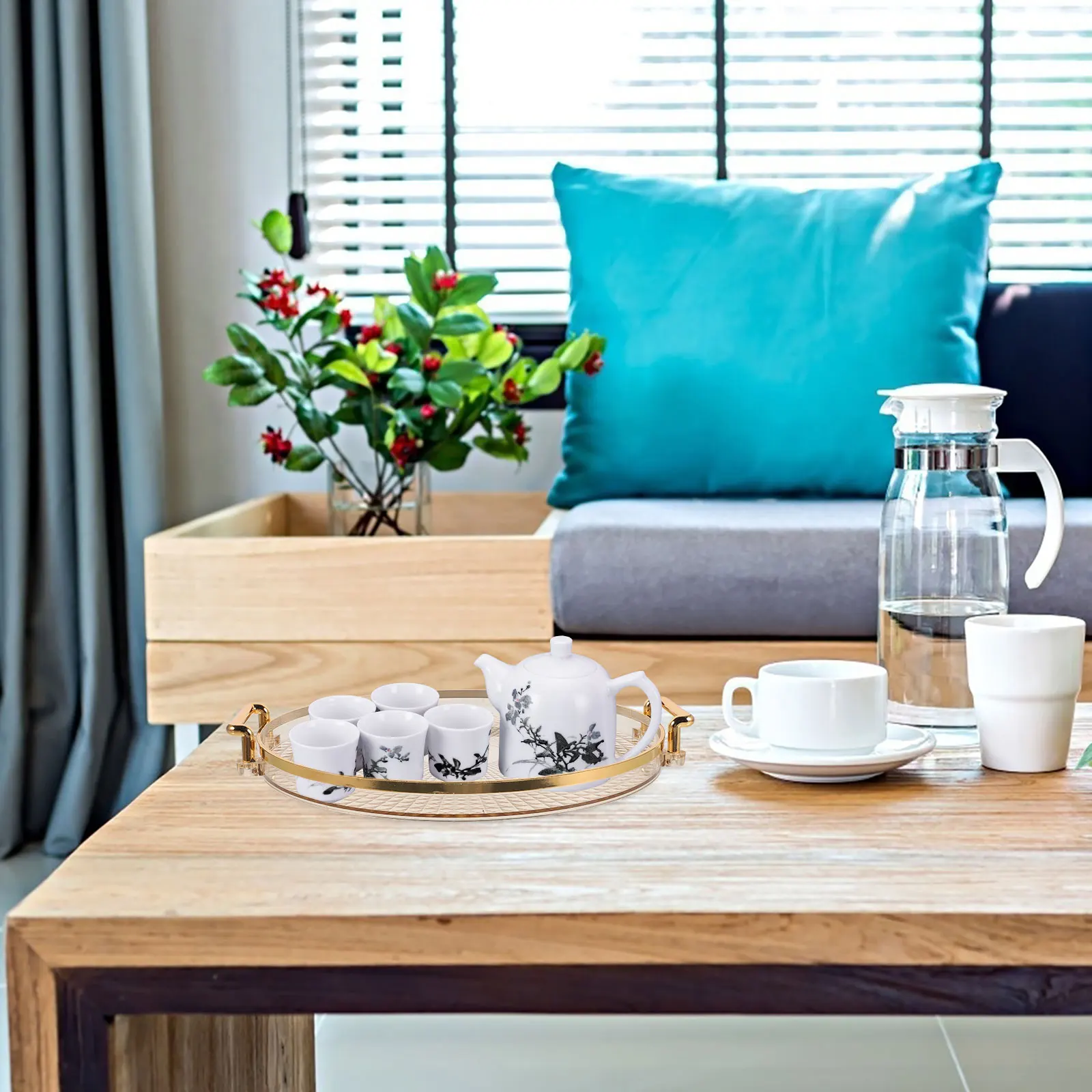 صينية ذهبية مستديرة صينية تقديم زخرفية فاخرة لكوب الشاي وجبة خفيفة وطاولة القهوة المنزلية والفندق تستخدم متعددة الوظائف وخفيفة الوزن #5