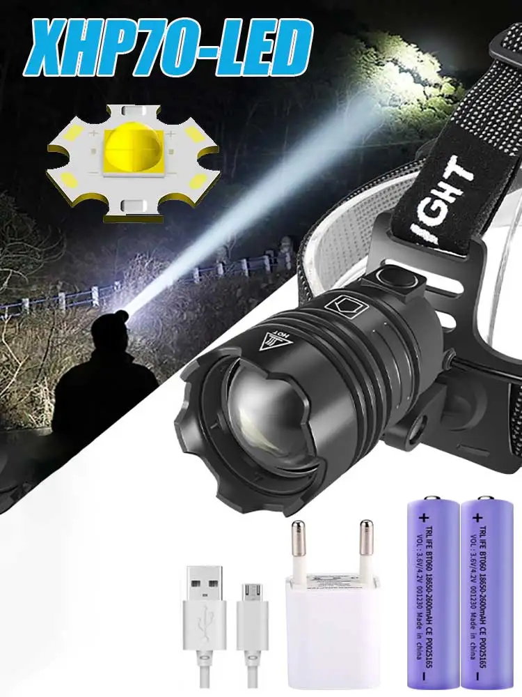 NEW XHP70 XHP50 Powerful LED Headlamp High Power Head Lantern Flashlight 1500 Meters Rechargeable Headlight USB Head Lamp 18650