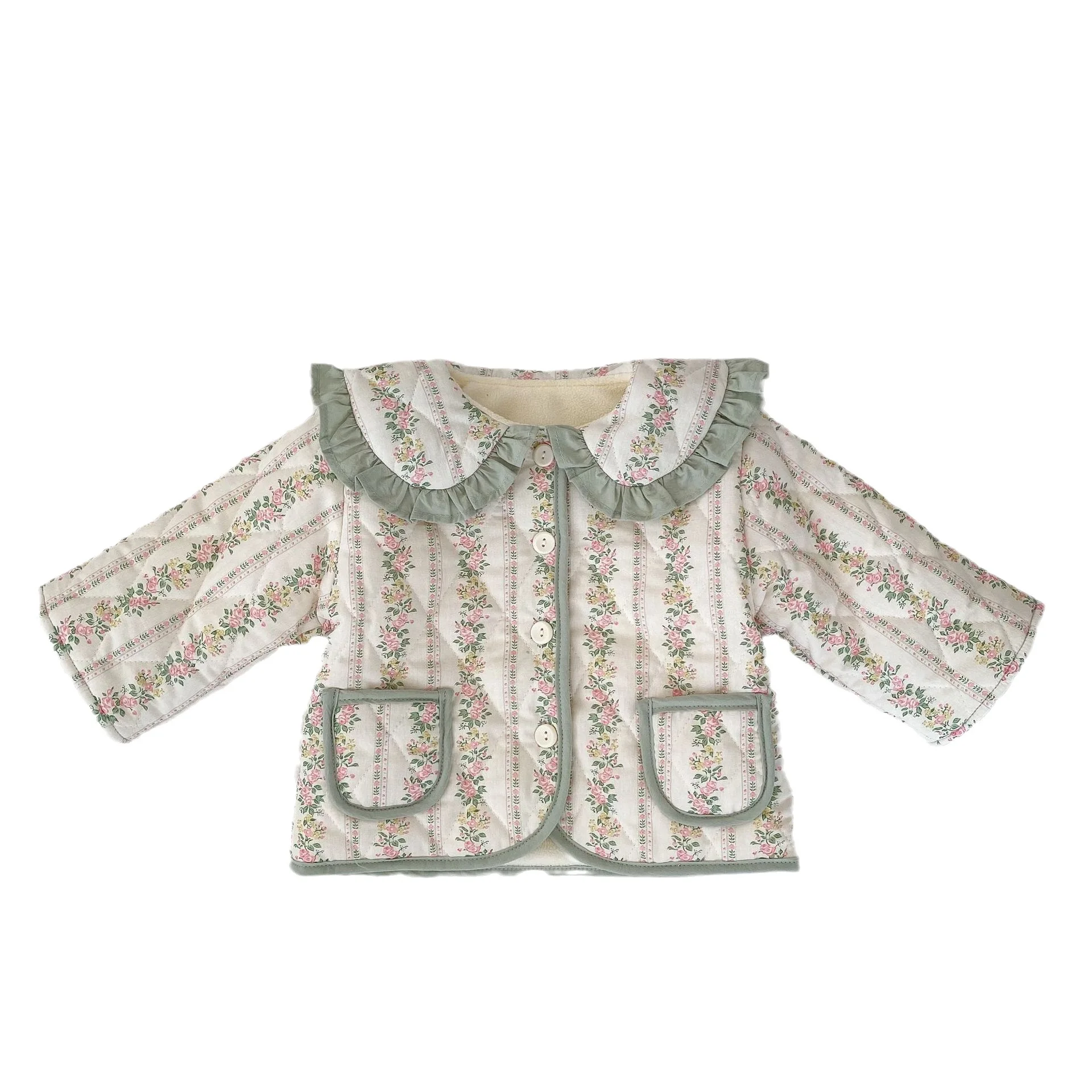 Ins 2024 Winter Baby Girls Coat Cotton Padded Plus Velvet Floral Pocket Infant Girls Coat Long Sleeve Warm Toddler Girls Jacket