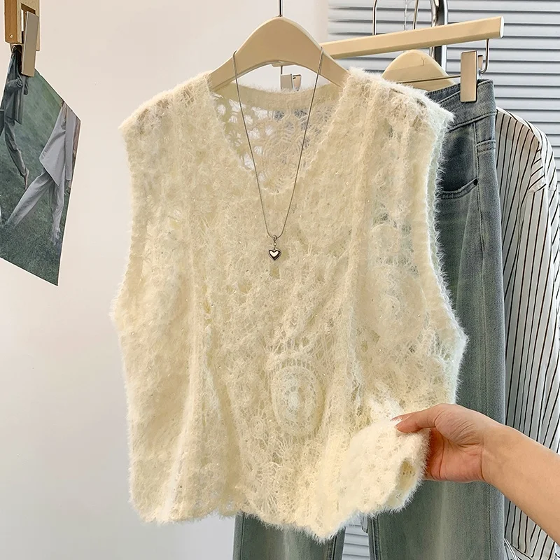 Simple Stylish Short Sleeveless Top Women's Knitted Vest Hollow out Crochet Fluffy Overhead Korean Style Spring Autumn New Ar...