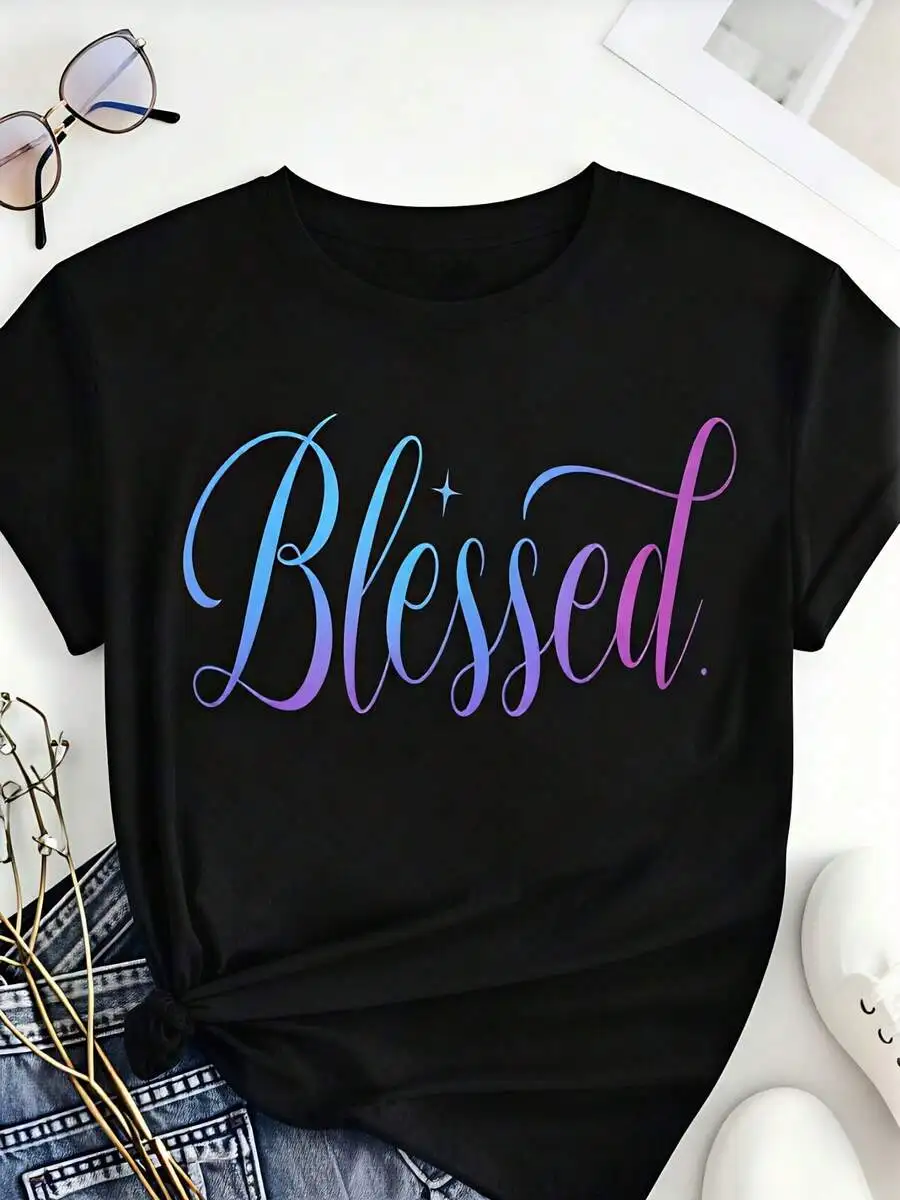 2026 New Fashion Women Crew Neck T-Shirt Blessed Letter Graphic Print 100% Pure Cotton Spring Summer Everyday Wear Religious Gift For Her Basic Top T-Shirt