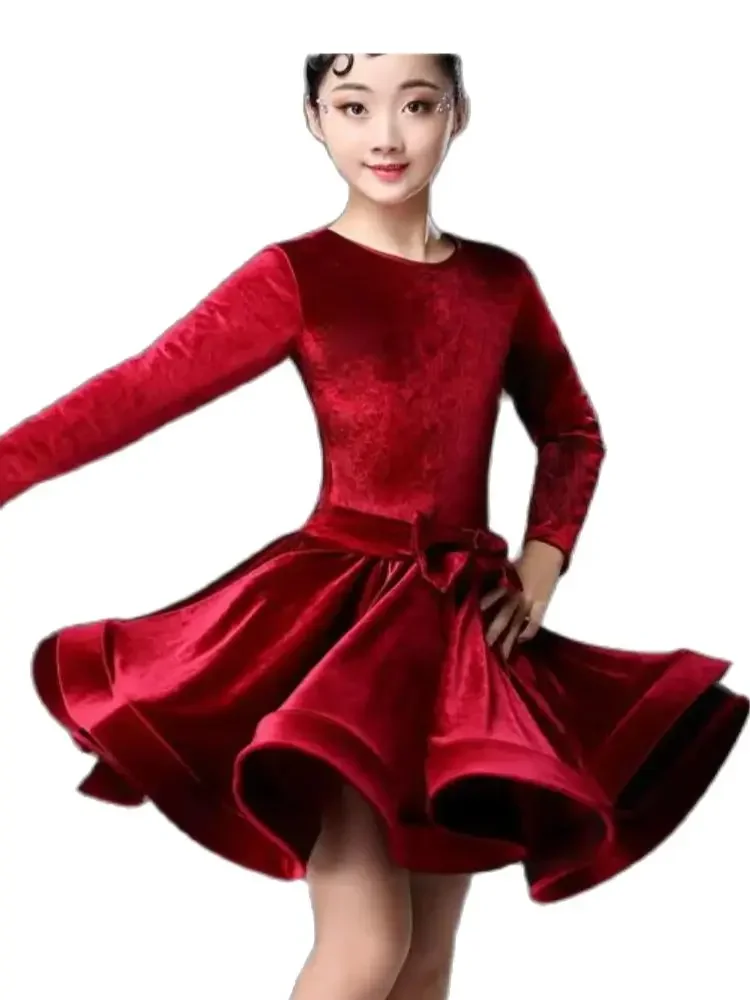 Velvet Ballroom Competition Stage Performance winter dancing dress Girls Long Sleeve Latin Dance Dress