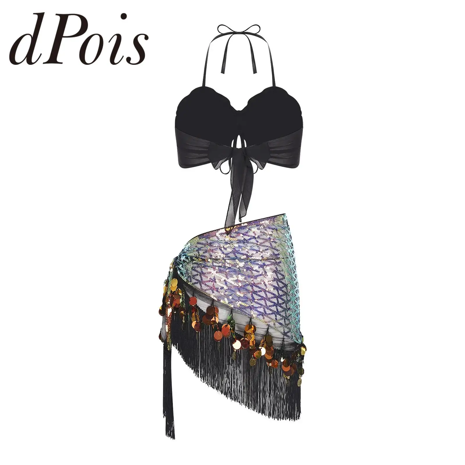 

Женский блестящий топ-халтер с пайетками + пояс-шарф с бахромой для танцев, костюм для латиноамериканских танцев, чачи, танго, сценический костюм