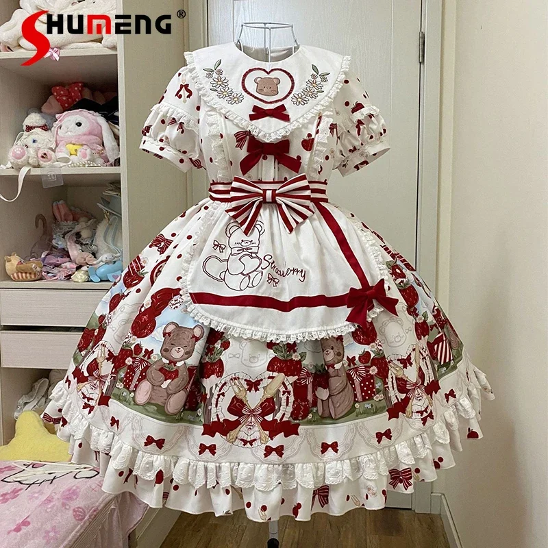 2025 Japanese Sweet Girl Lolita Dress Embroidered Bow Round Neck Puff Sleeve High Waist Slim Fit A-line Cute Print Short Dress