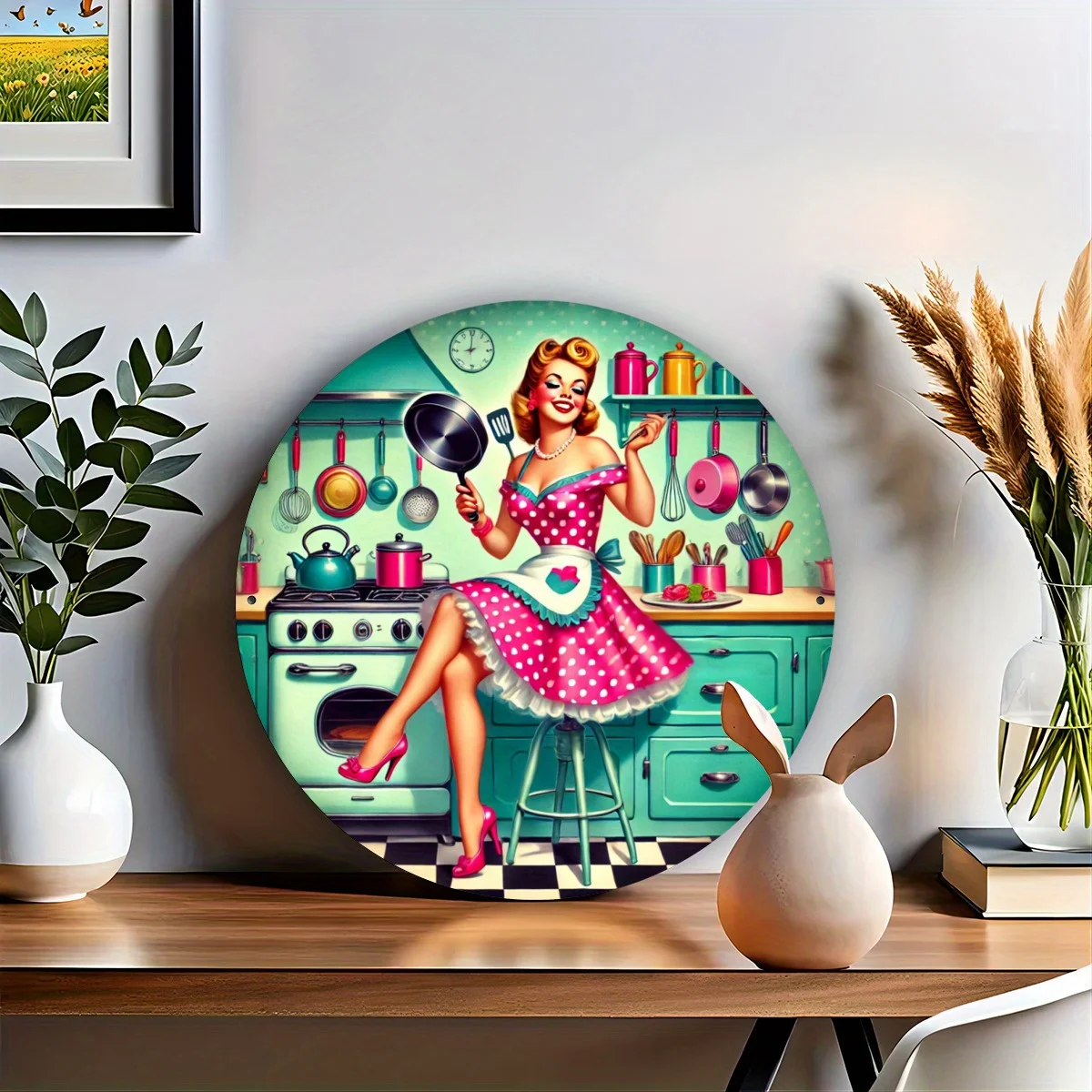 Vintage Retro Pin Up Lady Kitchen Cookware Round Metal Sign 2D Flat Farmhouse Kitchen Wall Decor Gift