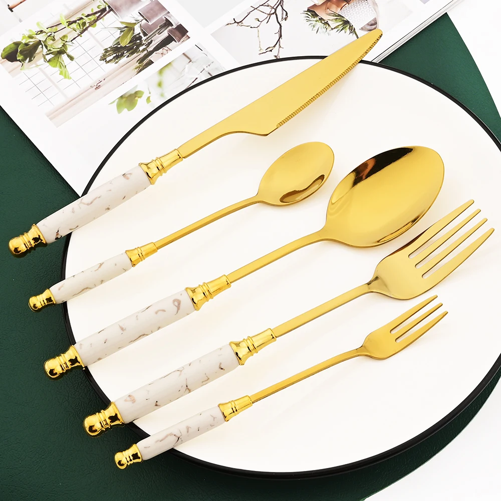 Drmfiy 6/24/30Pcs Luxury Porcelain Dinnerware Set Ceramic Handle Knife Fork Coffee Spoon Stainless Steel Tableware Cutlery Set