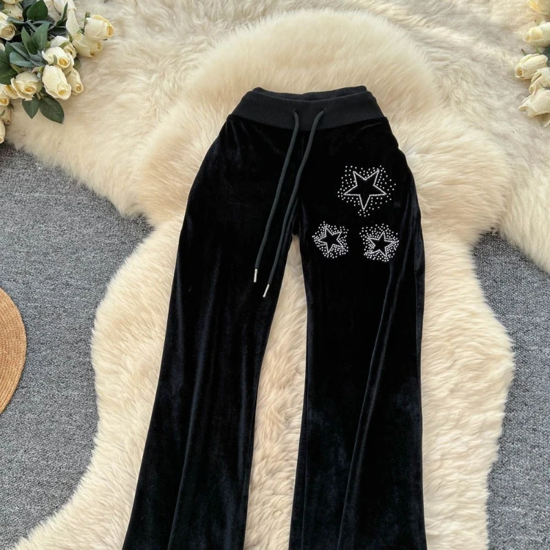 Fashion Heavy Industry Hot Diamond Elastic Waist Lace-up Low Waist Pants Women New Slim Fit Velvet Straight Leg Pants