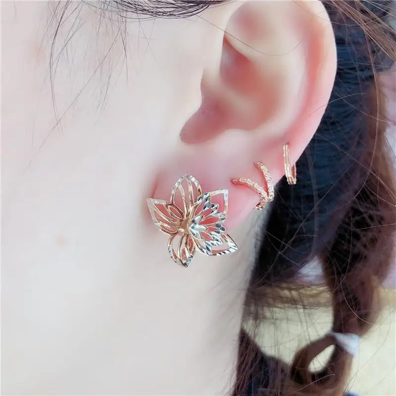 585 purple gold 14K rose gold hollow out exquisite two-color flower earrings for women romantic light luxury engagement jewelry