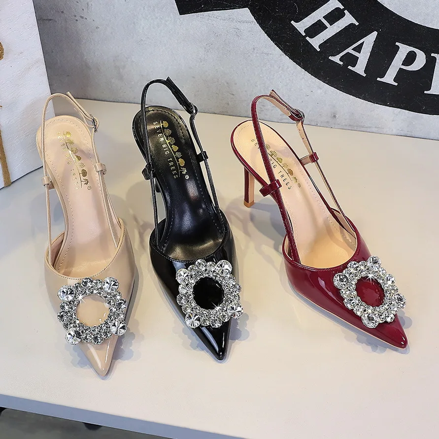 

Европейская и американская мода, женские туфли на высоком тонком каблуке со стразами и ремешком сзади, одинарные туфли с неглубоким носком