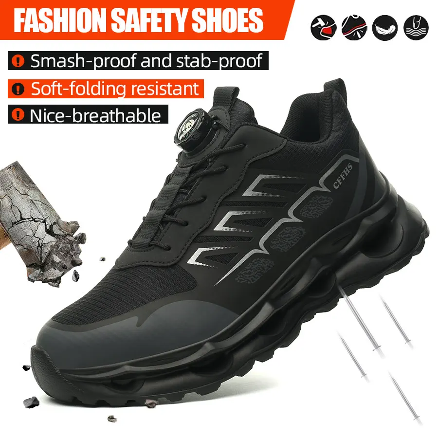 

Rotary Button New Safety Shoes Men Anti-Puncture Anti-Smash Work Boots,CE Certified Lightweight Breathable Indestructible Sole