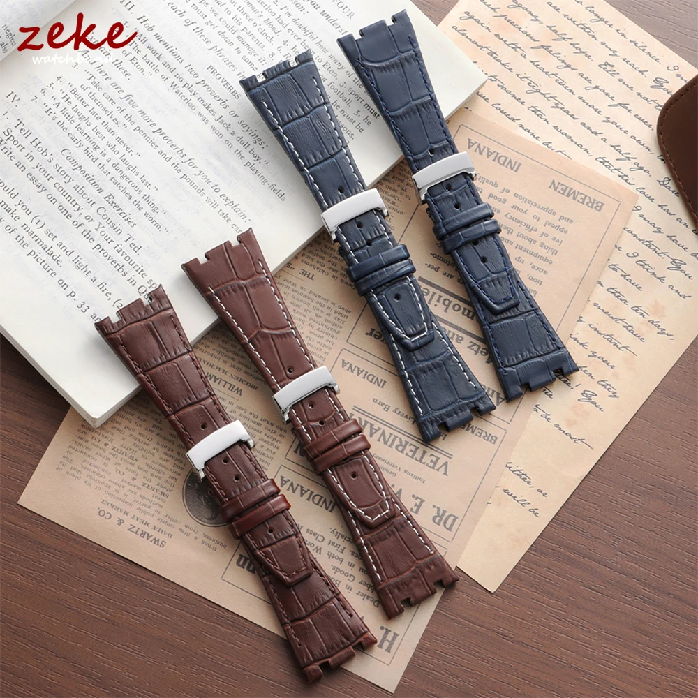 Genuine Leather Watch Strap 27mm for Royal Oak Offshore Slub Pattern Stitching Cowhide WatchBand Butterfly Buckle Business Bands