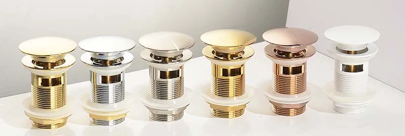 Bathroom Sink Push Down Pop Up Stopper Drain in Brushed Gold,Matt Black,White,Rose Gold,Gold,Chrome Washbasin Accessoires