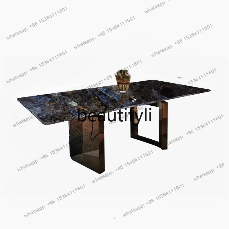 Light luxury natural blue jadeite luxury stone dining table villa large flat floor, minimalist large dining table rectangle
