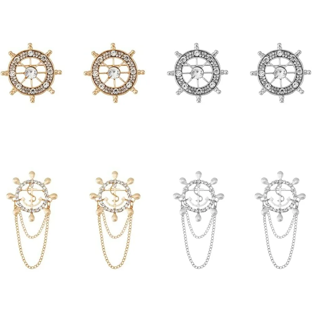 8Pcs 2 Style 2 Color Anchor Nautical Brooch Crystal Rhinestone Safety Pin Sailor Style Label Pin Steering