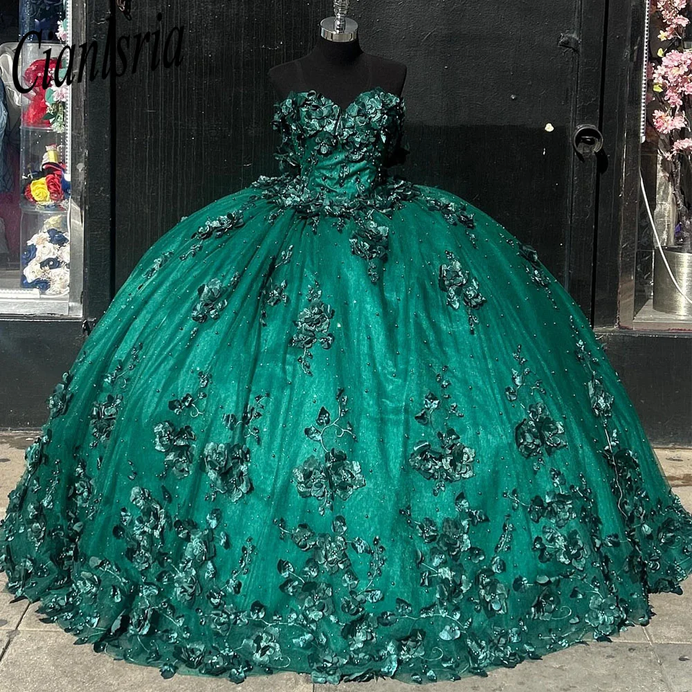 Vestido quinceanera de renda verde com arco para meninas, vestido fora do ombro, trem varrer, formal, florais 3D